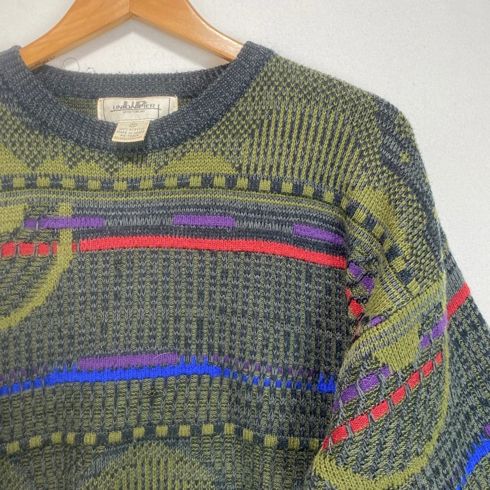 Union Pier 3D Coogi Style Sweater Abstract Men's Knit Green Purple Red Size M - Picture 1 of 9